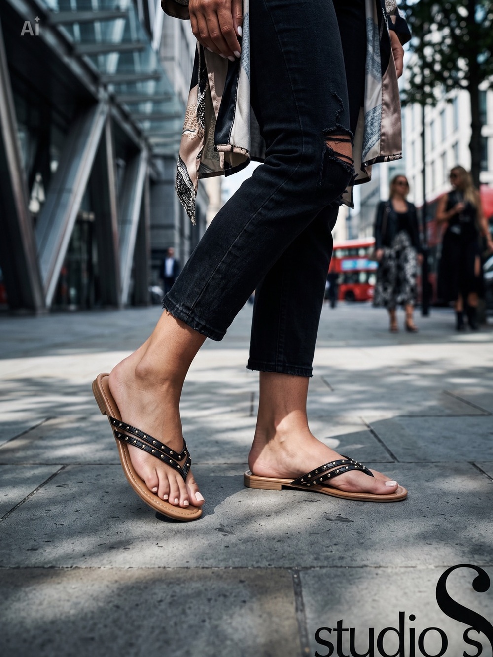 Studio Black Studded Slide Sandals with Tan Footbed